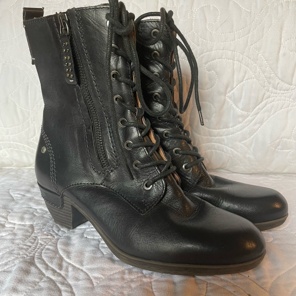 PIKOLINOS Black Combat Moto Boots with Side Zipper